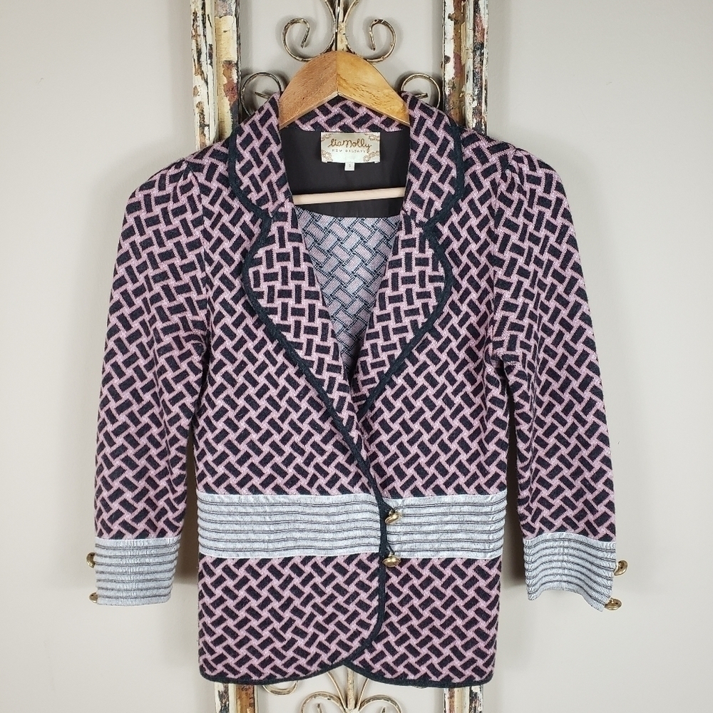 Anthro Lia Molly Gray/Pink Print Knit Cardigan Sz S